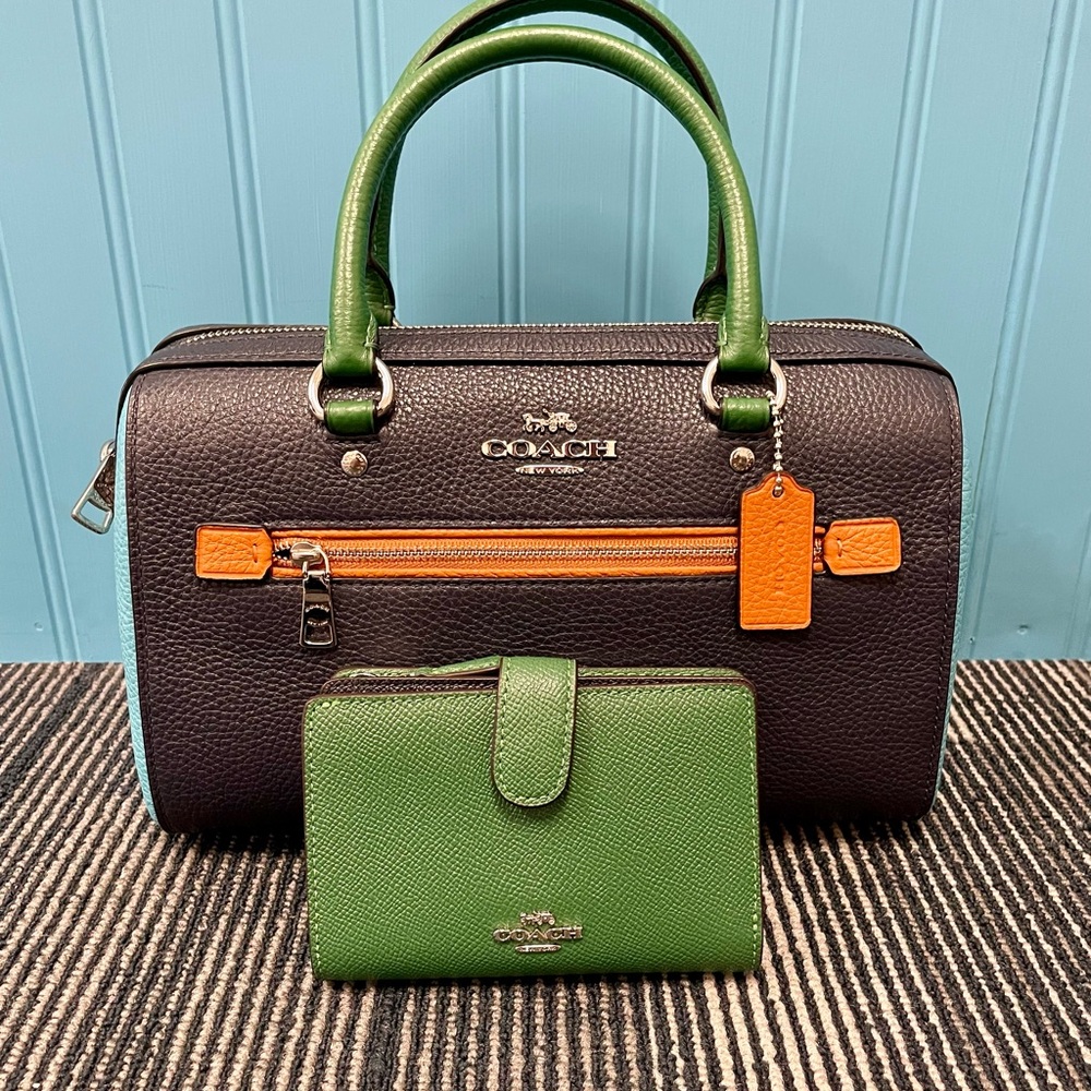 Coach Black and Green Satchel with Orange Details